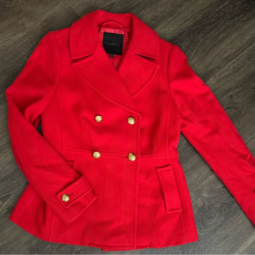 Talbots Vibrant Red Pea Coat with Gold Buttons